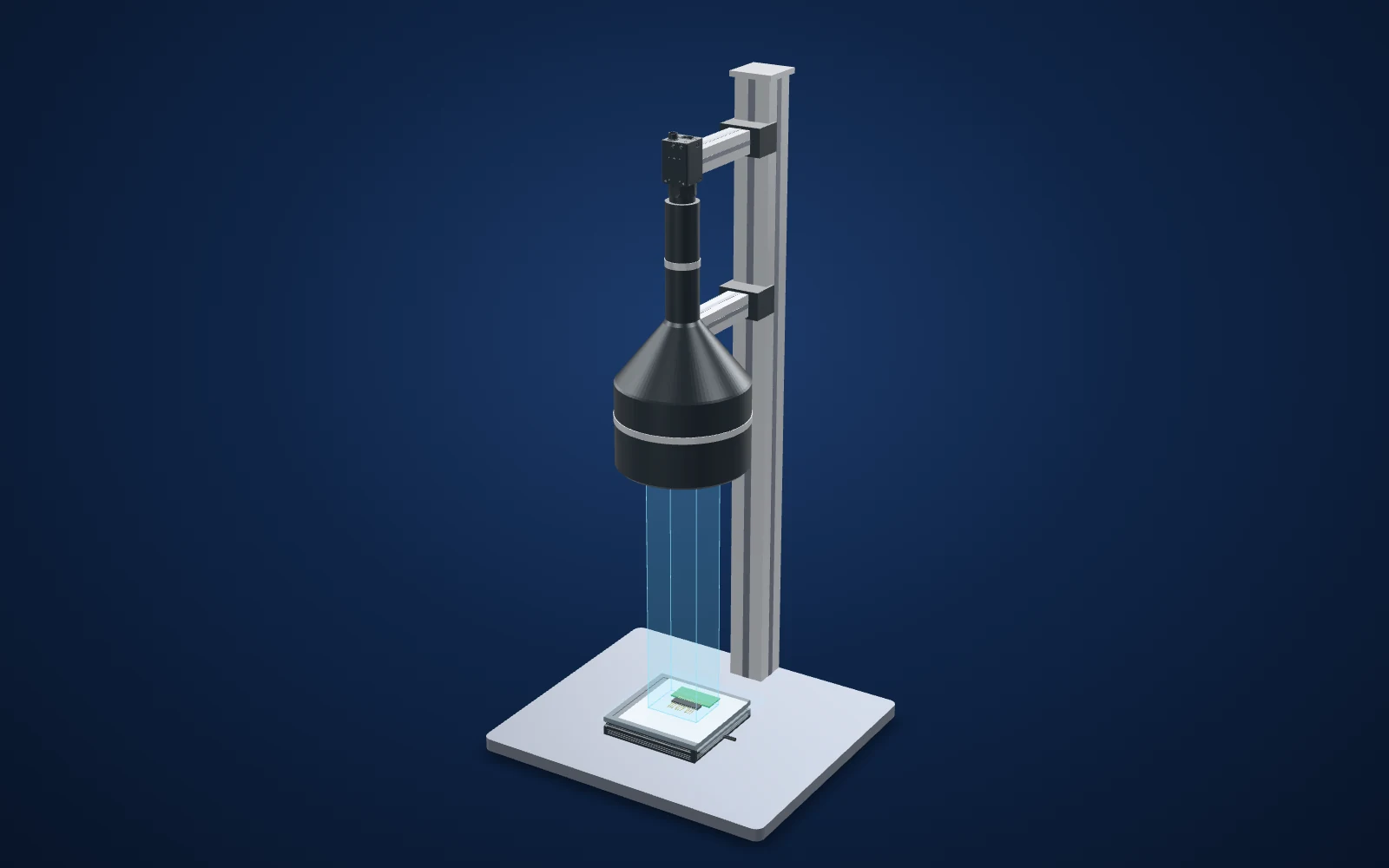 3D view of the inspection set-up: camera, lens, light and part