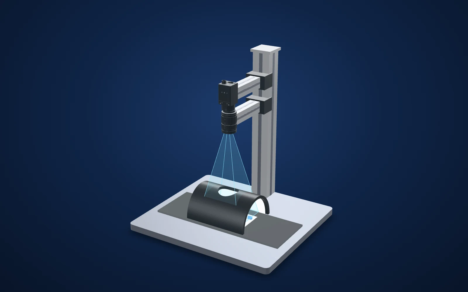 3D view of the inspection set-up: camera, lens, light and part