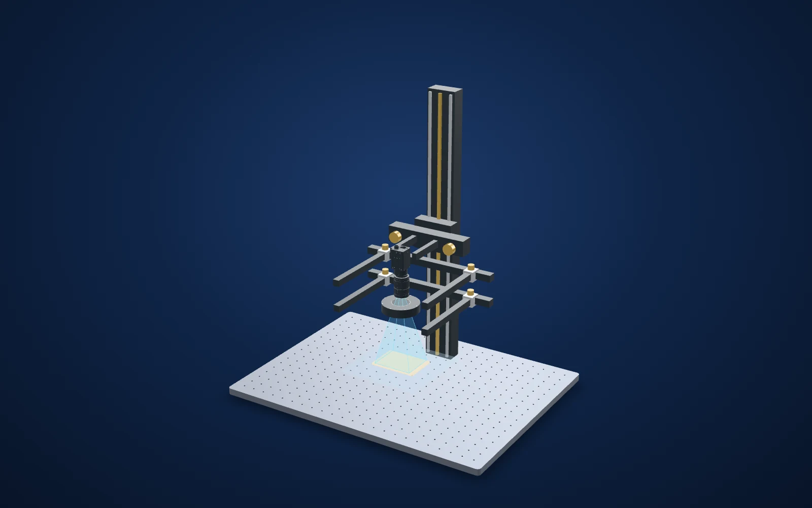 3D view of the inspection set-up: camera, lens, light and part