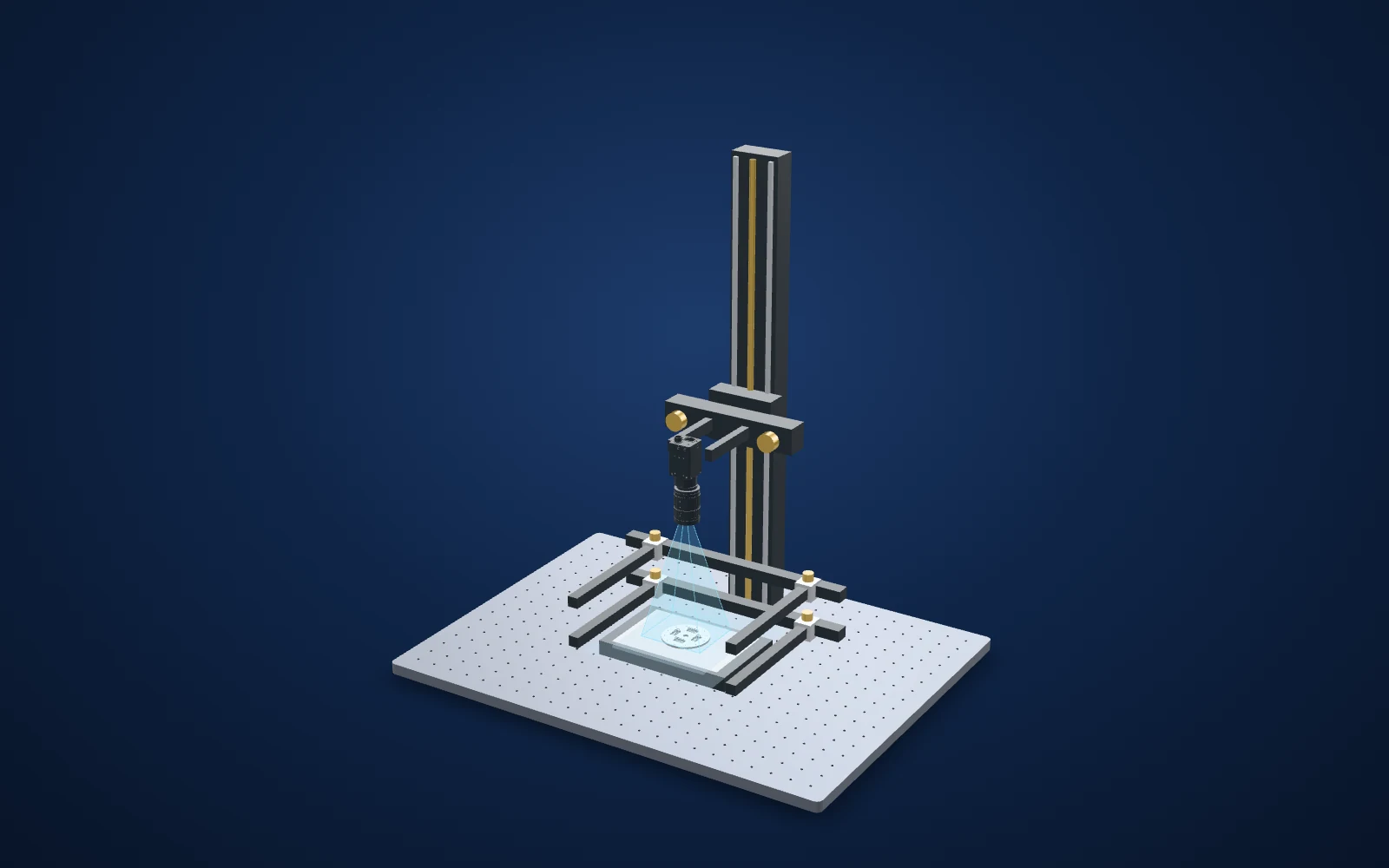 3D view of the inspection set-up: camera, lens, light and part