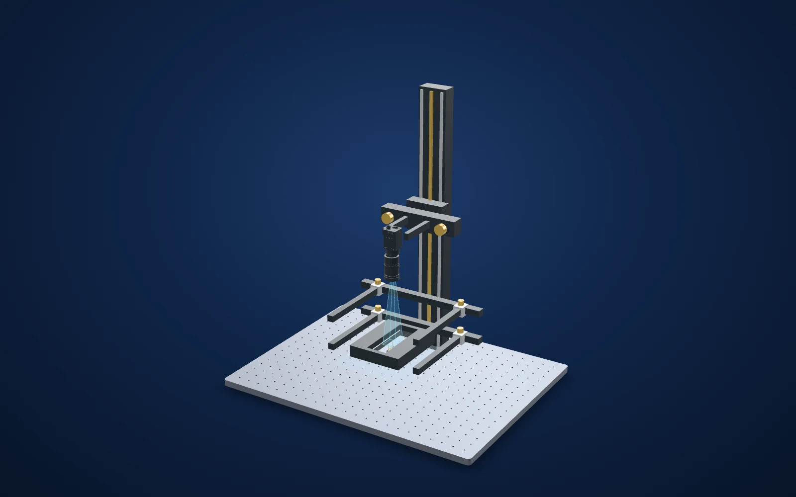 3D view of the inspection set-up: camera, lens, light and part