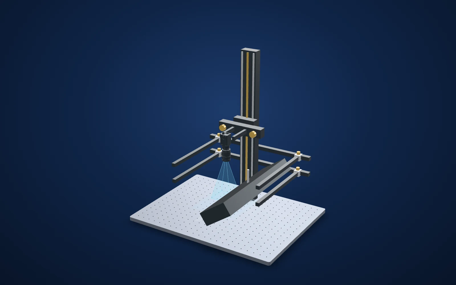 3D view of the inspection set-up: camera, lens, light and part