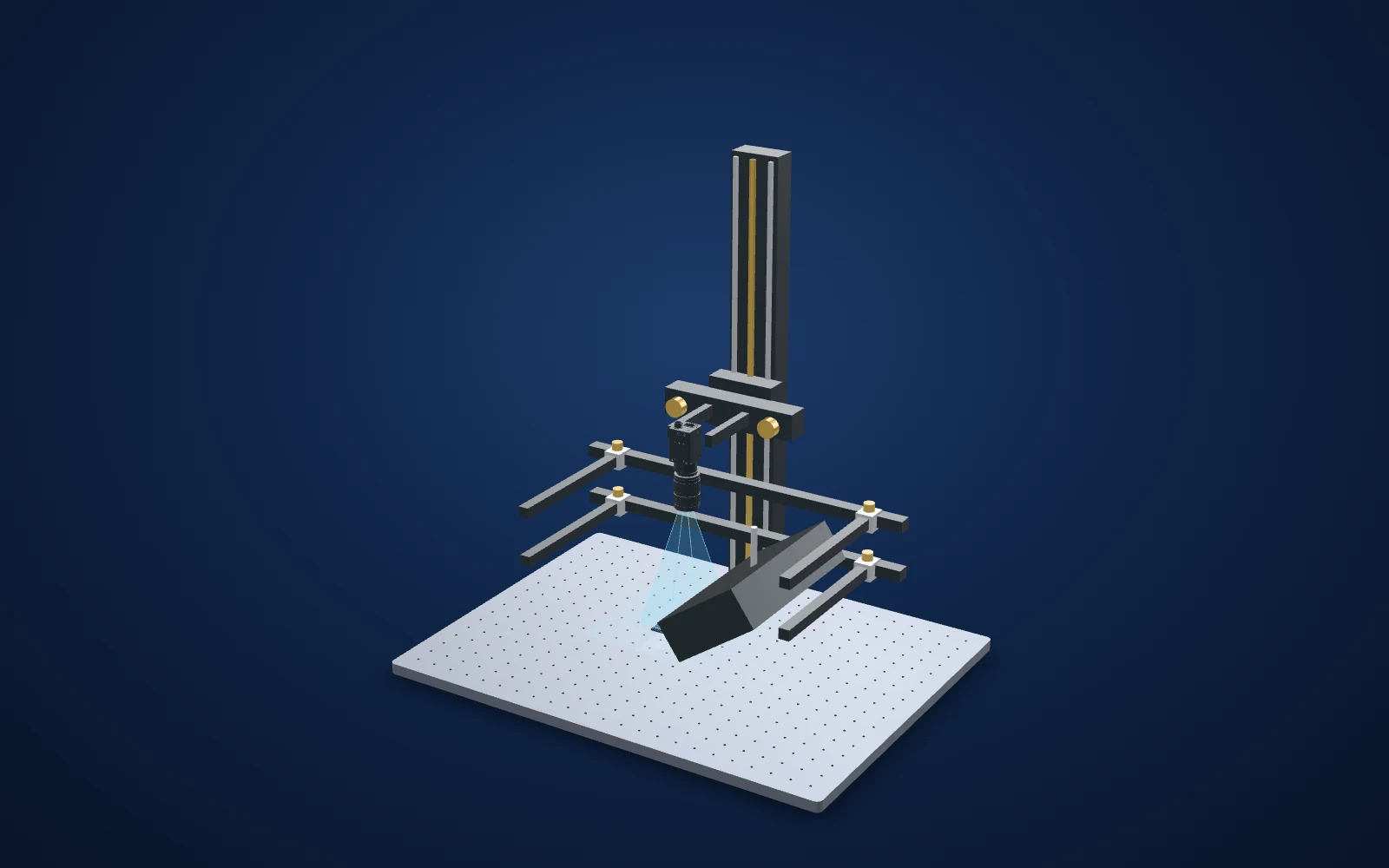 3D view of the inspection set-up: camera, lens, light and part