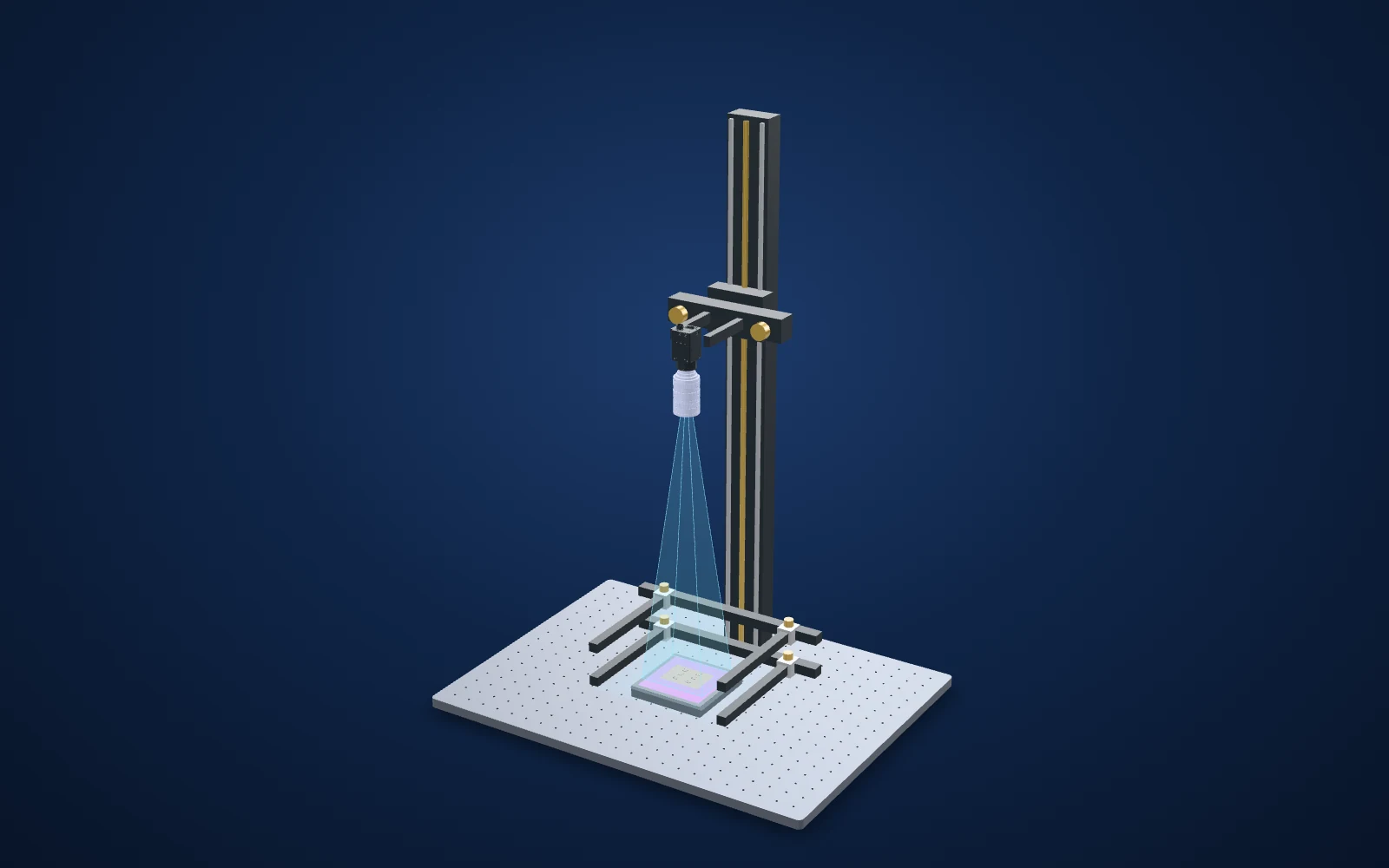 3D view of the inspection set-up: camera, lens, light and part