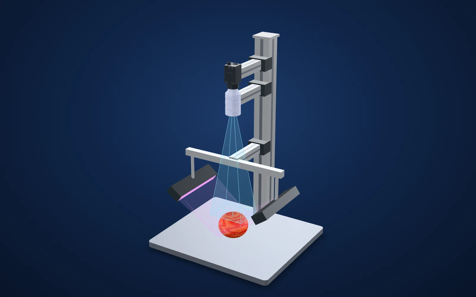 3D view of the inspection set-up: camera, lens, light and part