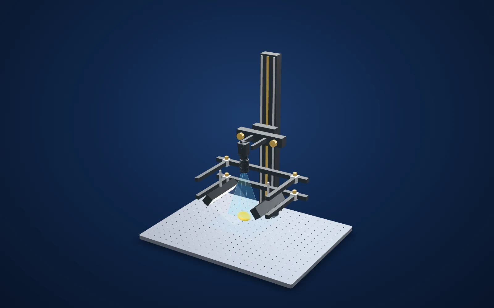 3D view of the inspection set-up: camera, lens, light and part