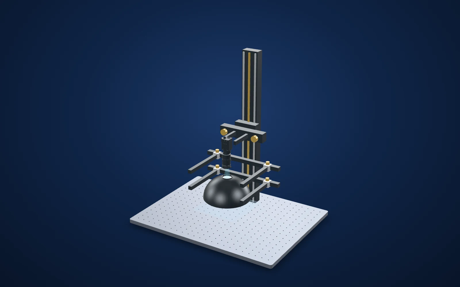 3D view of the inspection set-up: camera, lens, light and part