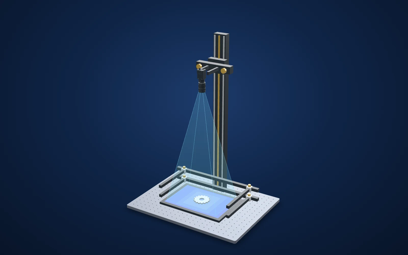 3D view of the inspection set-up: camera, lens, light and part