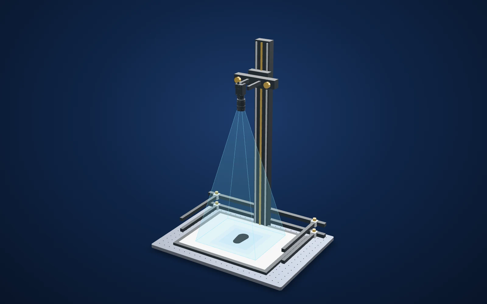 3D view of the inspection set-up: camera, lens, light and part