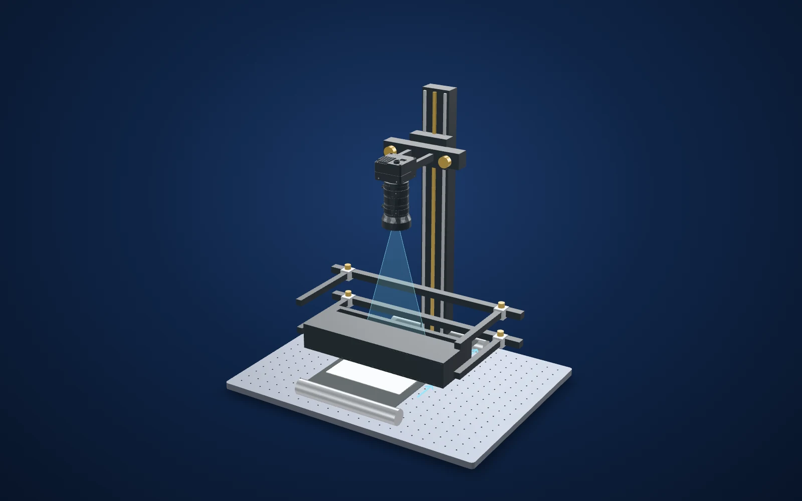3D view of the inspection set-up: camera, lens, light and part
