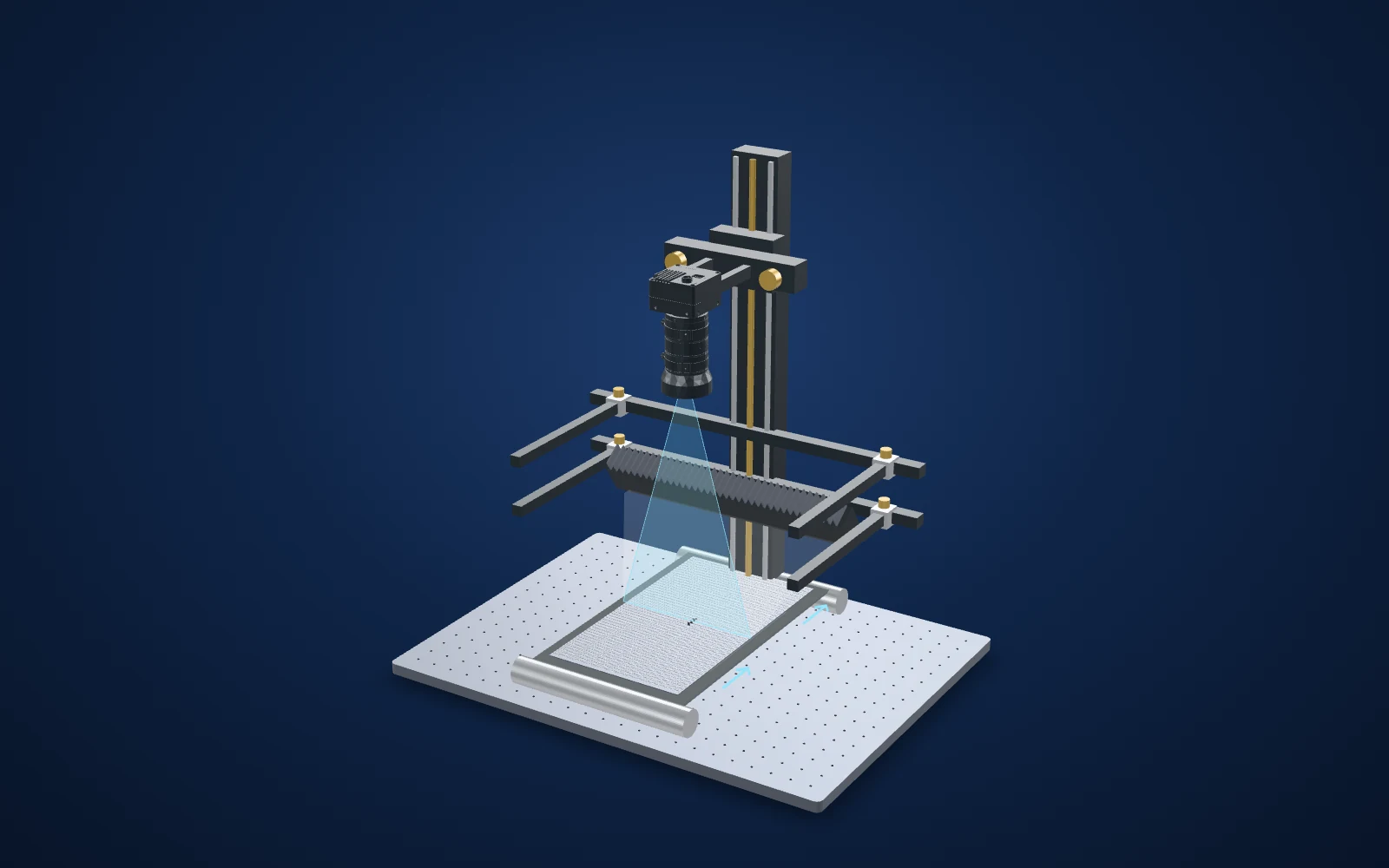 3D view of the inspection set-up: camera, lens, light and part