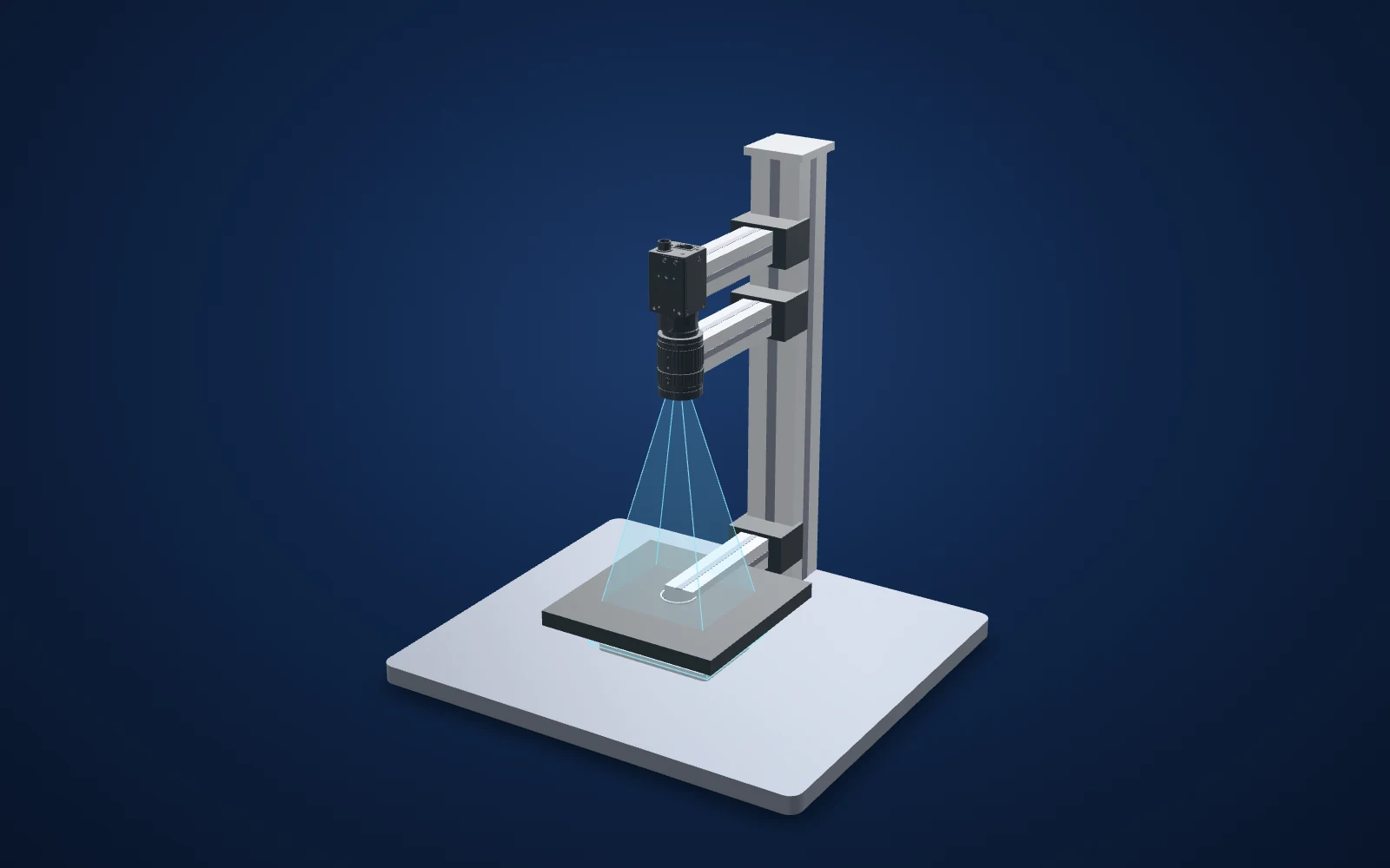 3D view of the inspection set-up: camera, lens, light and part
