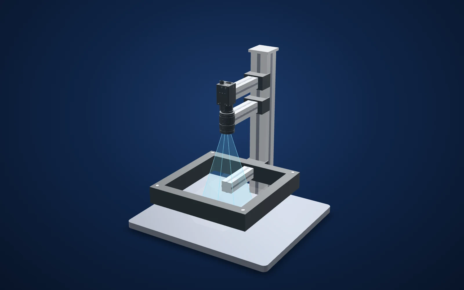 3D view of the inspection set-up: camera, lens, light and part