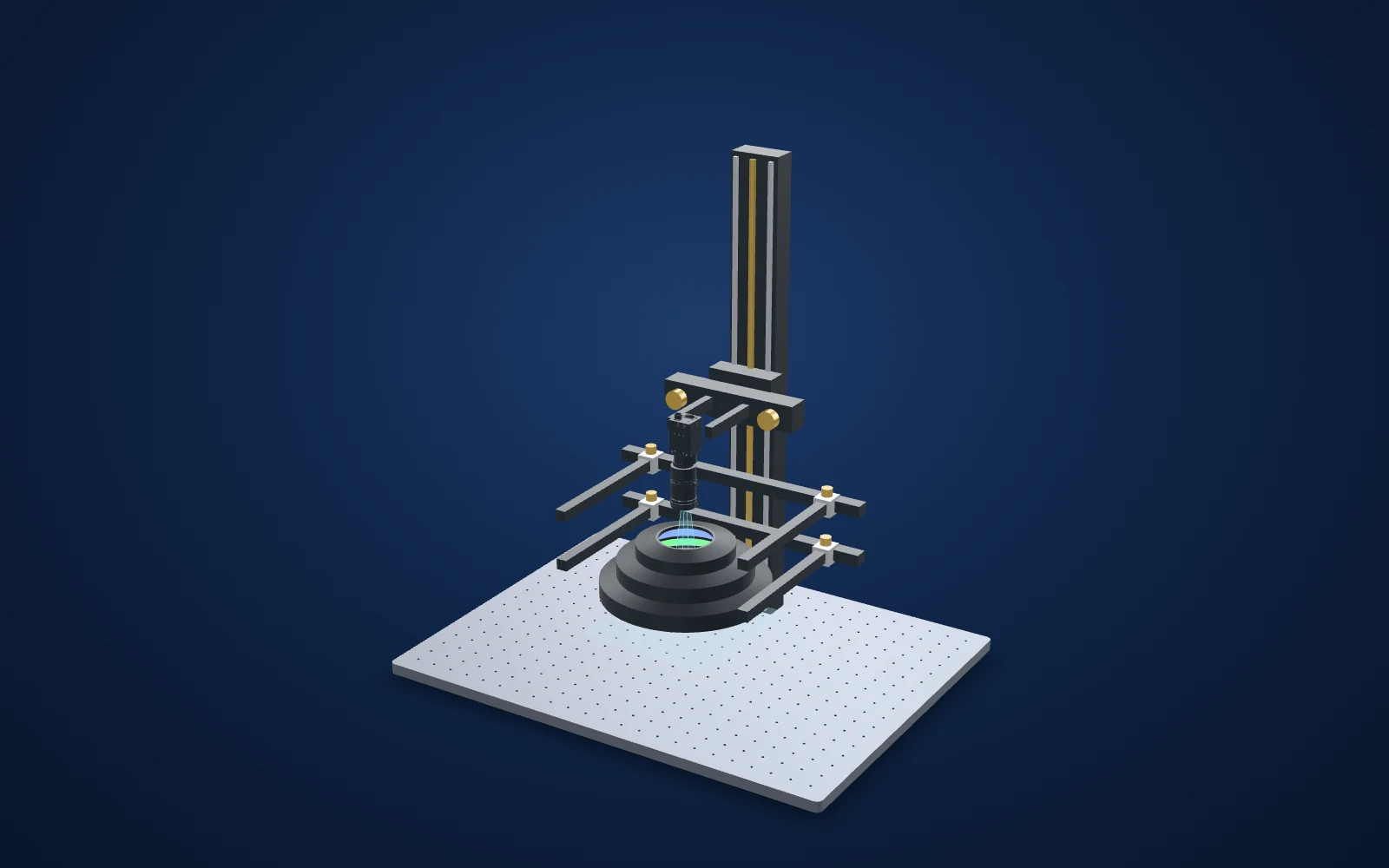 3D view of the inspection set-up: camera, lens, light and part