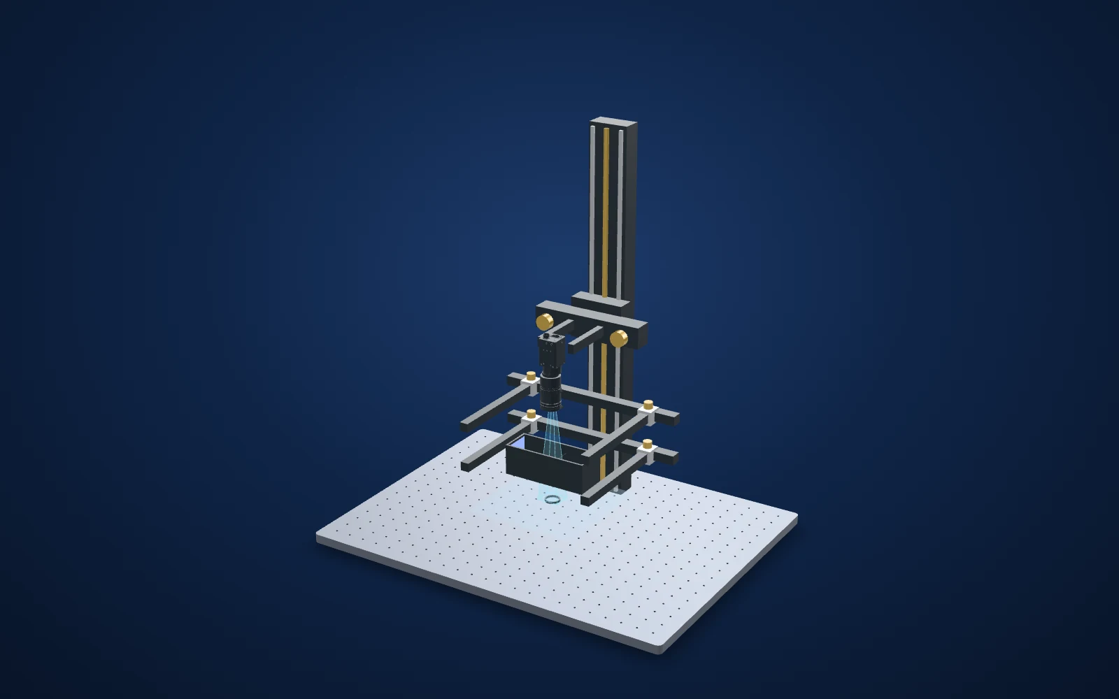 3D view of the inspection set-up: camera, lens, light and part