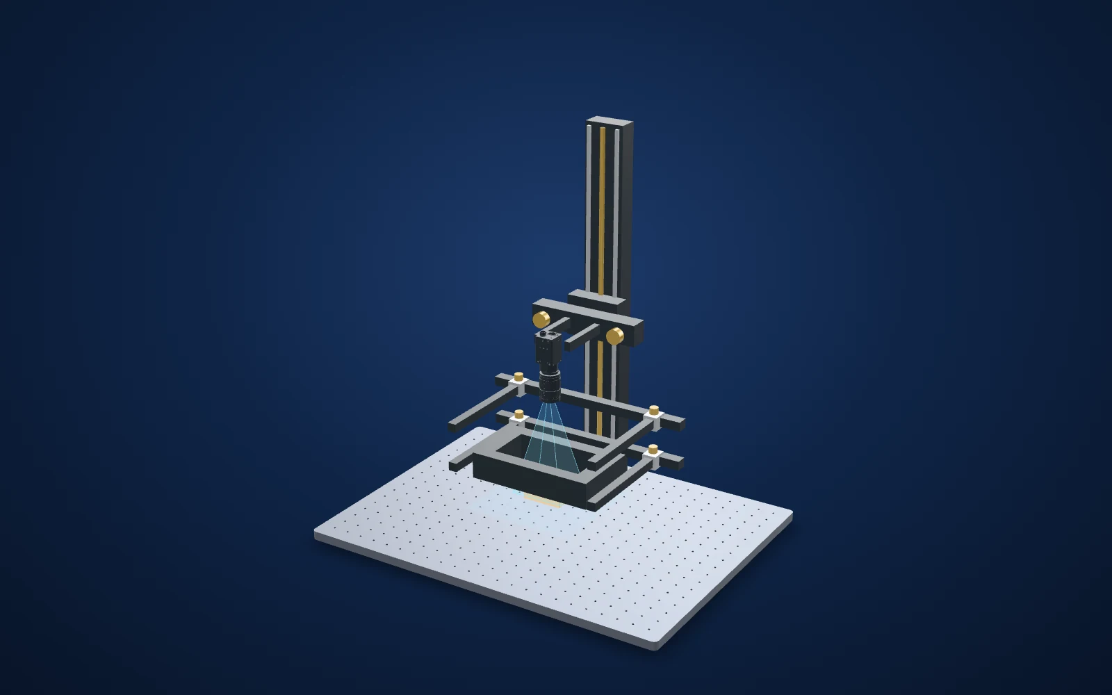 3D view of the inspection set-up: camera, lens, light and part