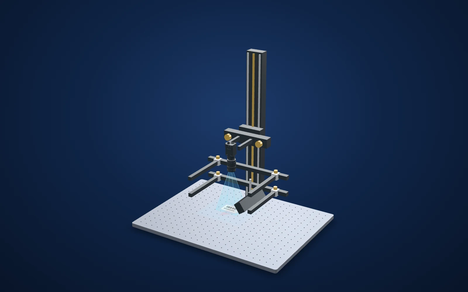 3D view of the inspection set-up: camera, lens, light and part