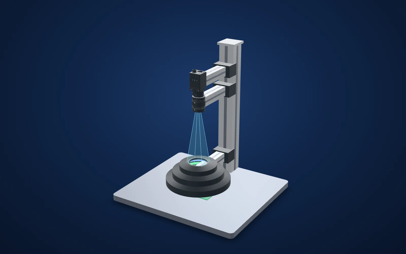 3D view of the inspection set-up: camera, lens, light and part
