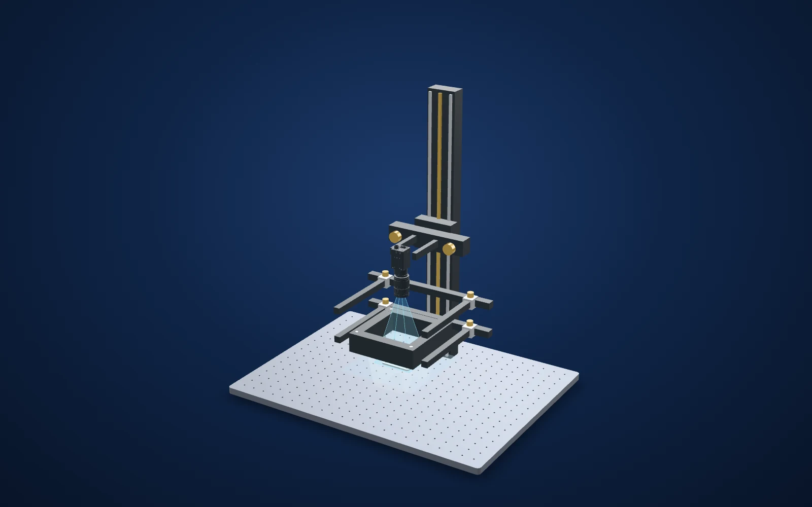 3D view of the inspection set-up: camera, lens, light and part