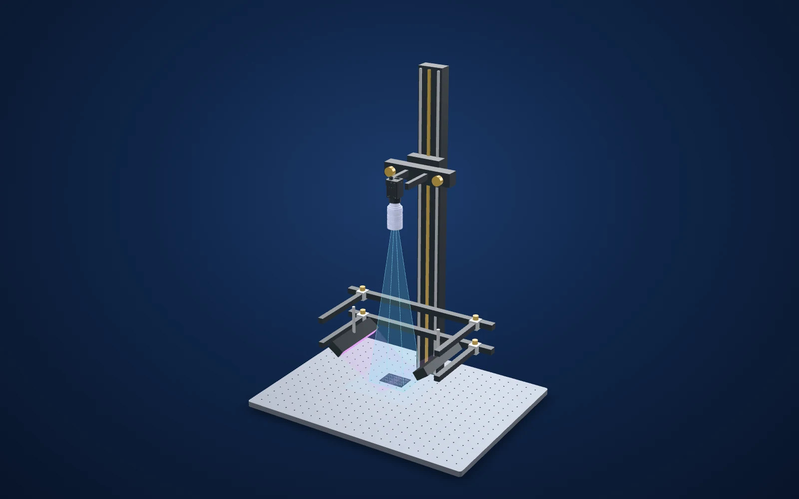 3D view of the inspection set-up: camera, lens, light and part