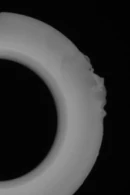 Reviewed source rim crop: the right outer edge is locally ragged while the inner loop edge remains visible. Unrelated faint moulded markings are outside the crop.