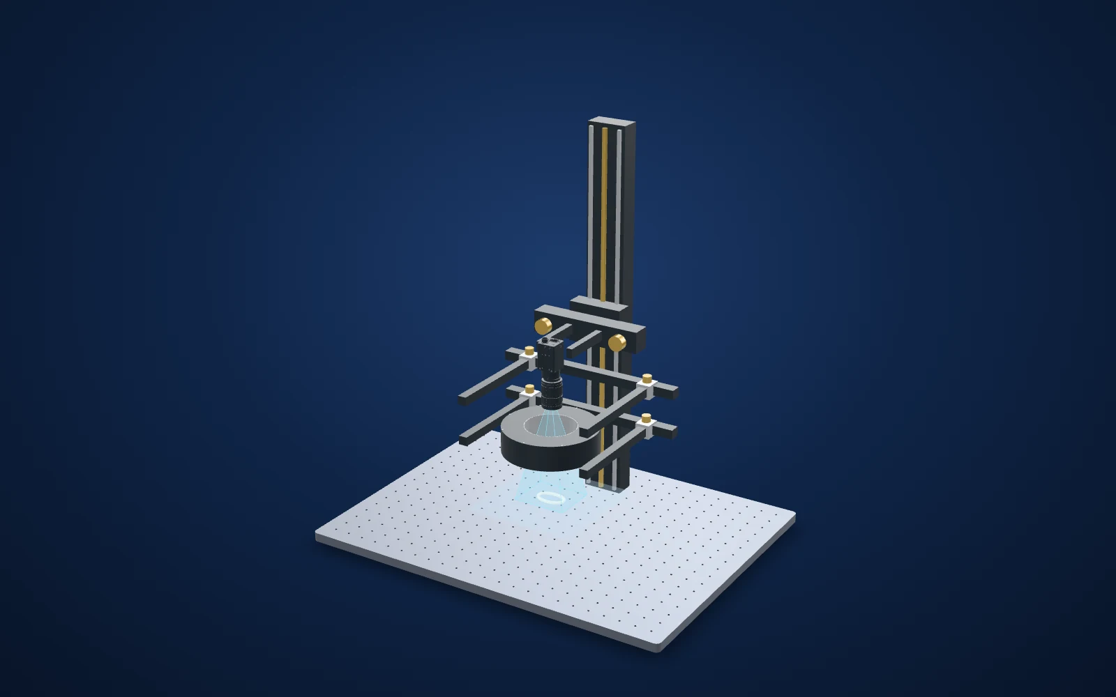 3D view of the inspection set-up: camera, lens, light and part