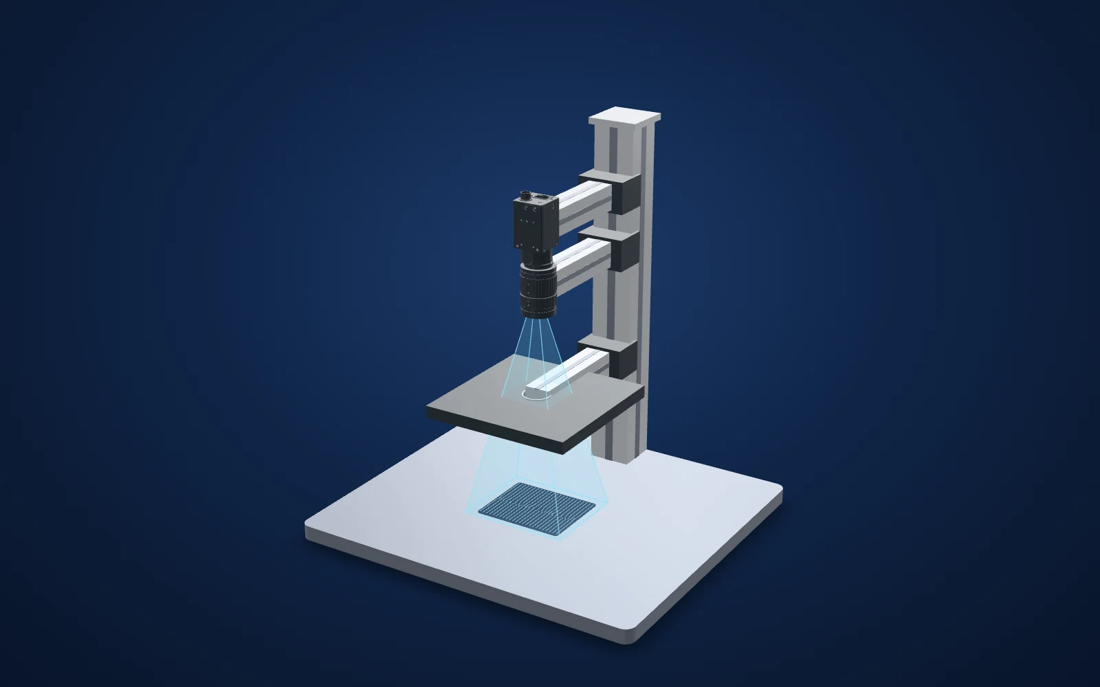 3D view of the inspection set-up: camera, lens, light and part