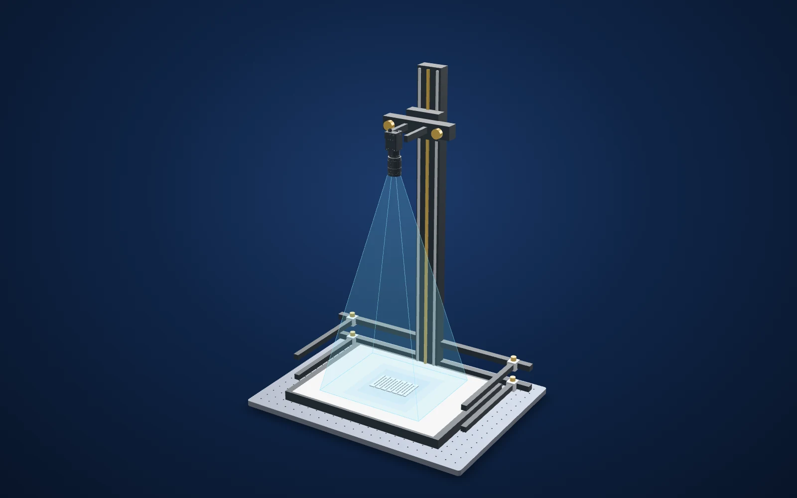 3D view of the inspection set-up: camera, lens, light and part