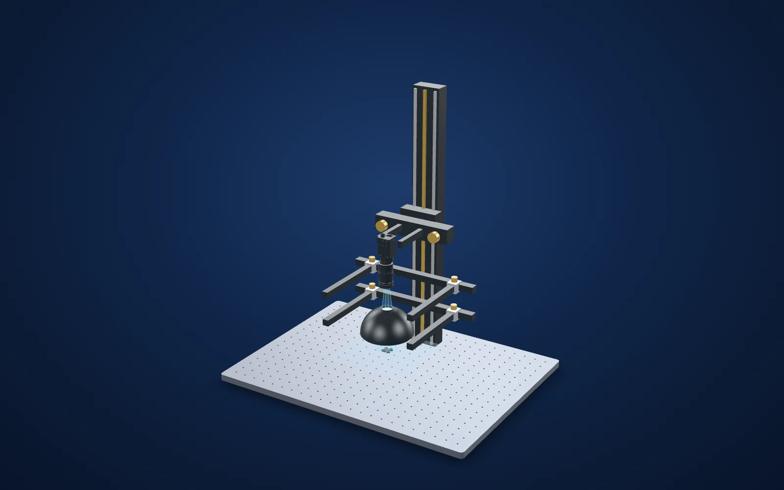 3D view of the inspection set-up: camera, lens, light and part
