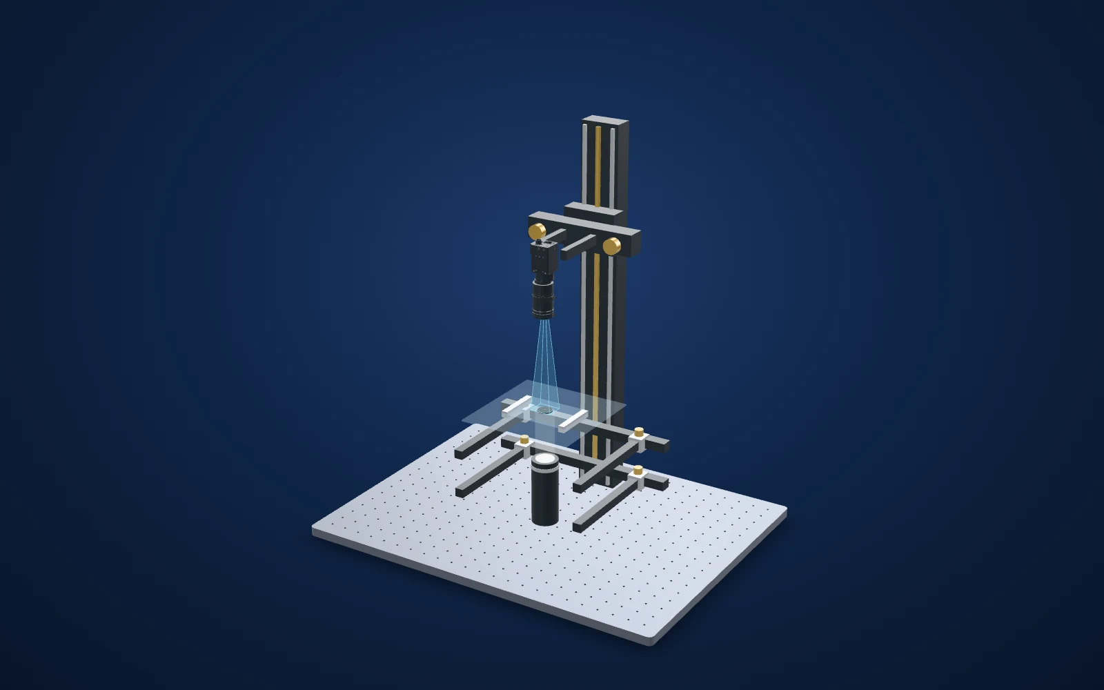 3D view of the inspection set-up: camera, lens, light and part