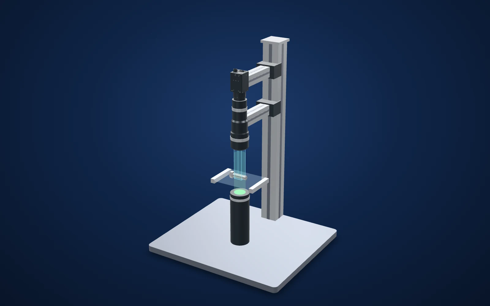 3D view of the inspection set-up: camera, lens, light and part