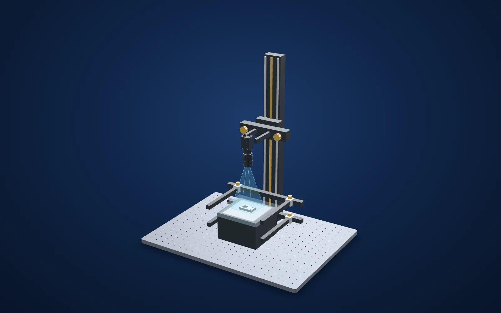 3D view of the inspection set-up: camera, lens, light and part