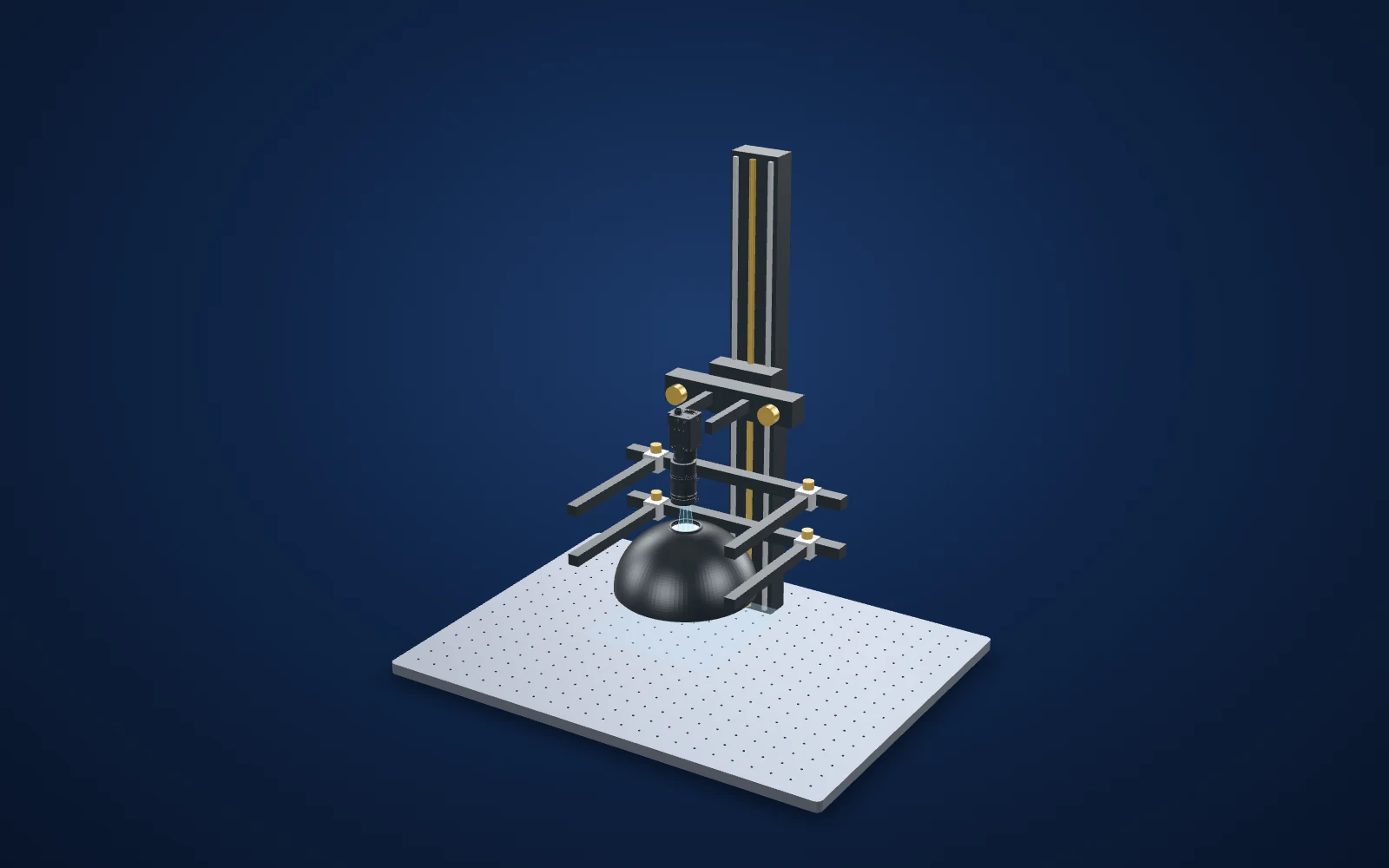 3D view of the inspection set-up: camera, lens, light and part