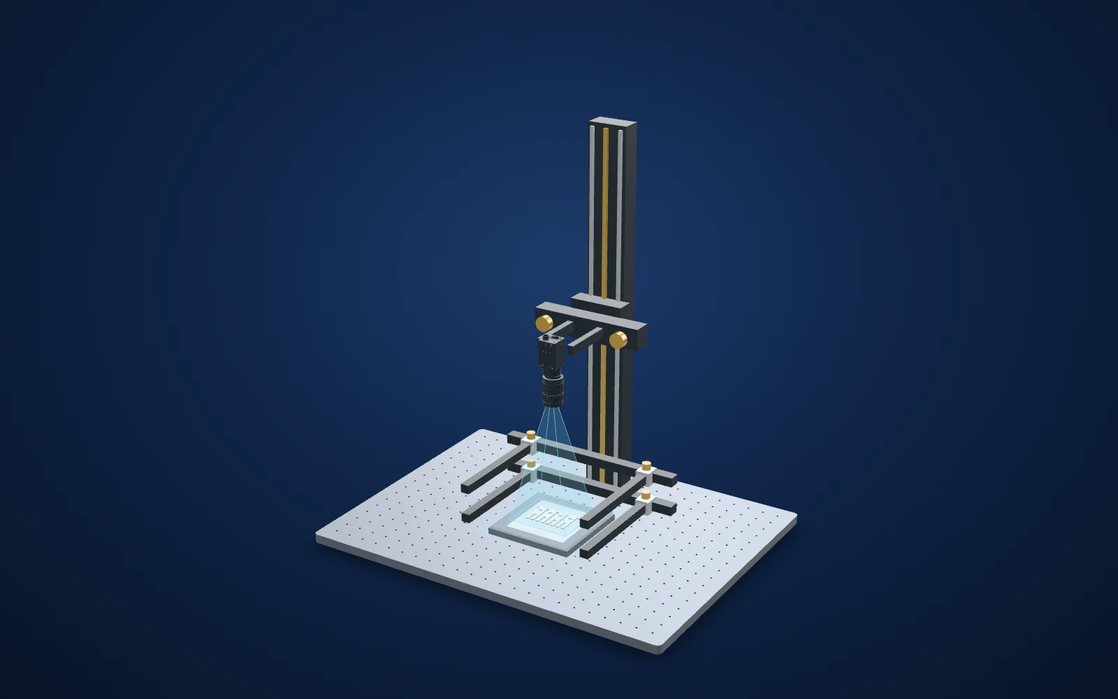 3D view of the inspection set-up: camera, lens, light and part
