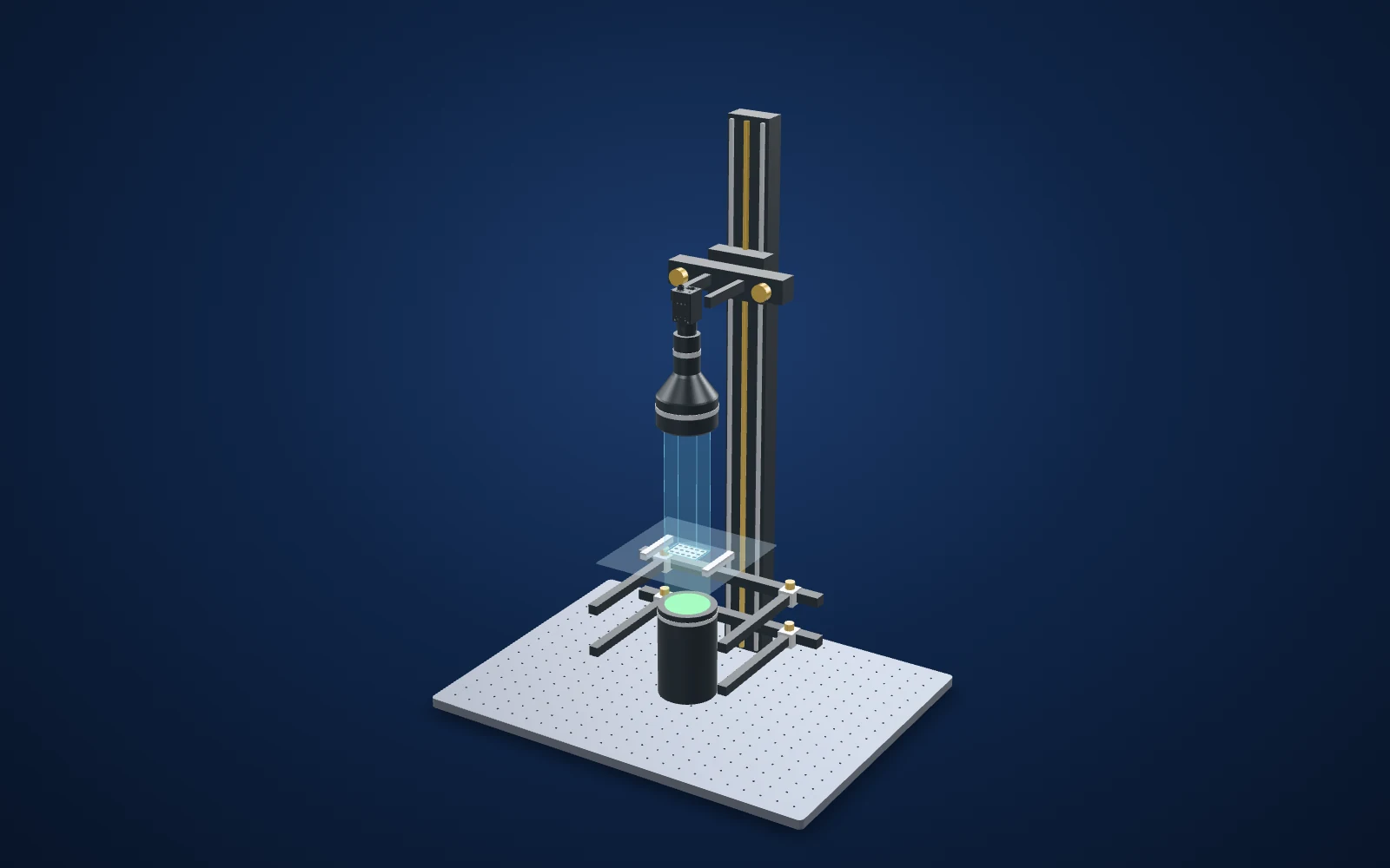 3D view of the inspection set-up: camera, lens, light and part