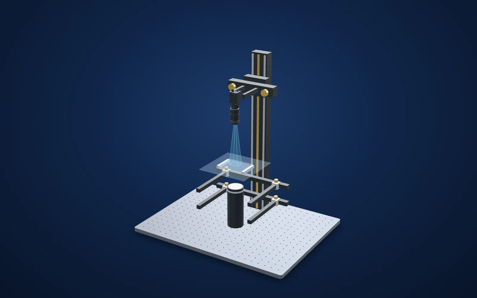 3D view of the inspection set-up: camera, lens, light and part