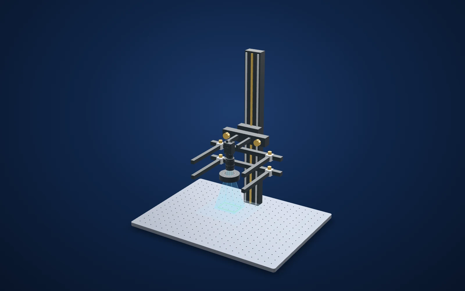 3D view of the inspection set-up: camera, lens, light and part