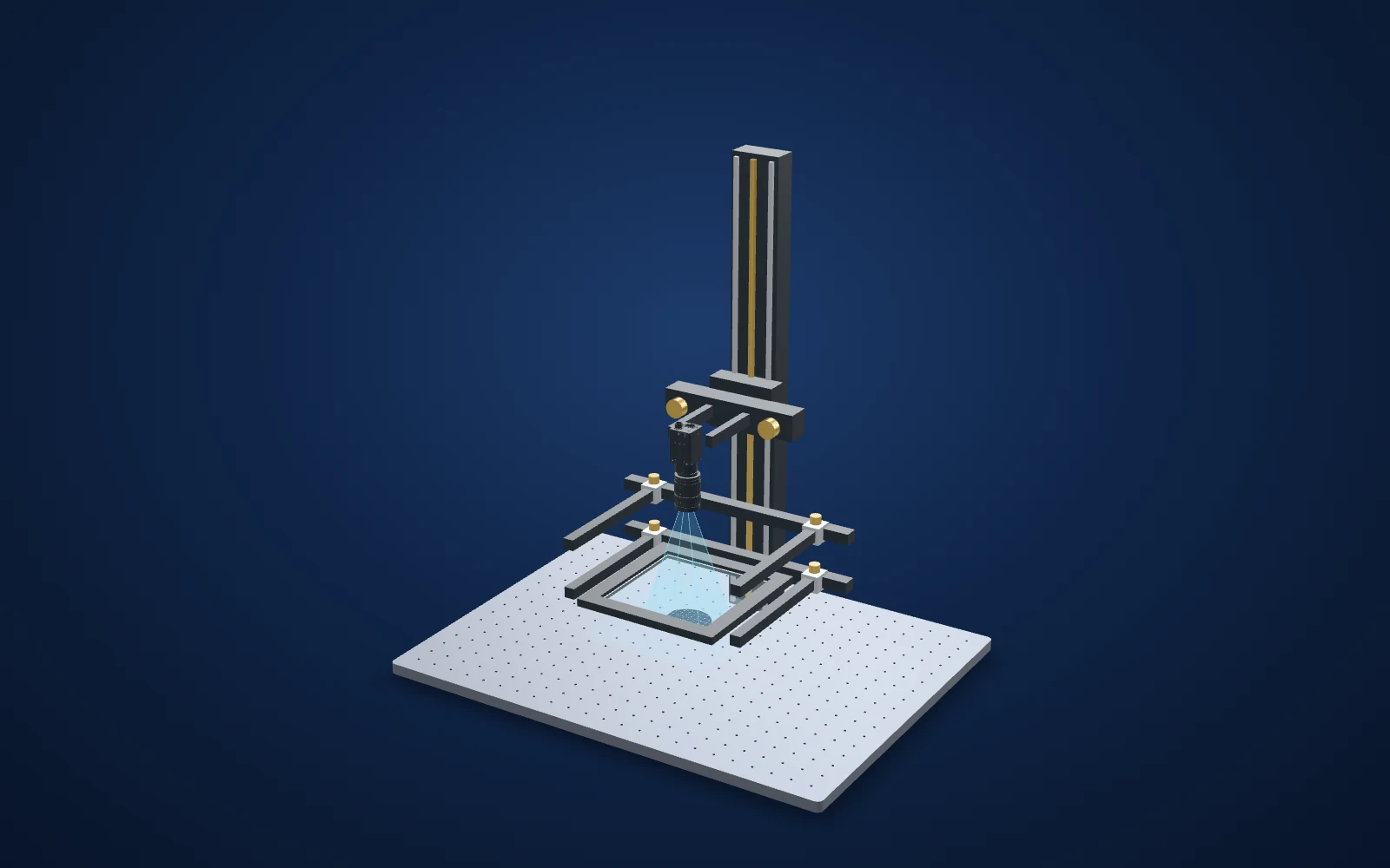 3D view of the inspection set-up: camera, lens, light and part