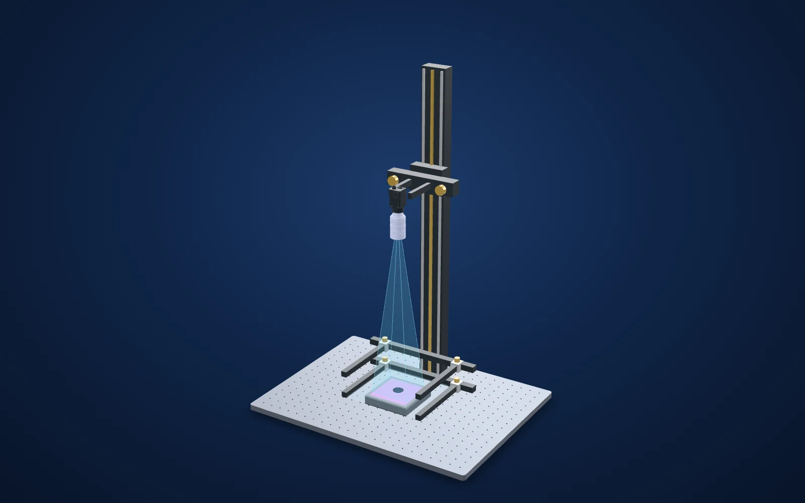 3D view of the inspection set-up: camera, lens, light and part